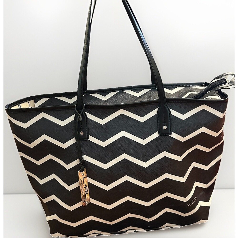 Lauren Ralph Lauren Black White Chevron Zig Zag Tote Purse Bag Saffiano LRL